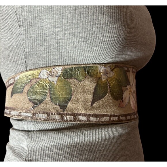 Vintage Soft Leather Belt w/ Ceramic Buckle Hand Painted 1980’s Bohemian Floral - Picture 2 of 9